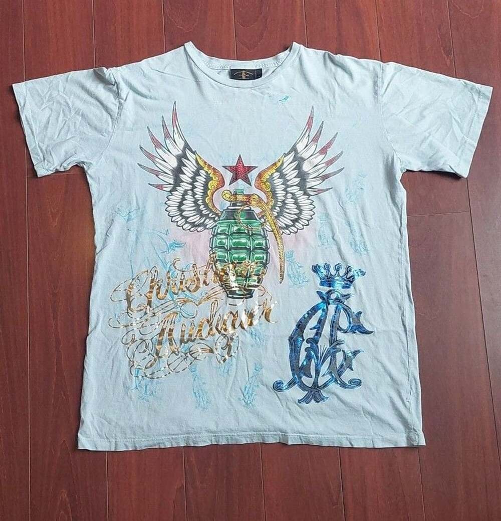 Christian Audigier Grenade Graphic T-Shirt Size L Light Blue Rhinestone